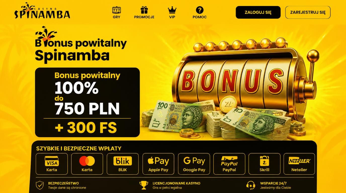Grafika prezentująca ofertę powitalną kasyna Spinamba wraz z darmowymi spinami i PLN