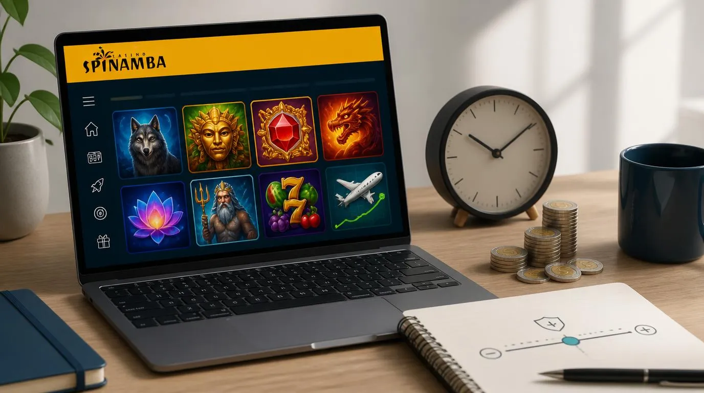 Laptop z ilustracyjnym katalogiem gier kasynowych oraz symbolami zegara i niewielkiego budżetu